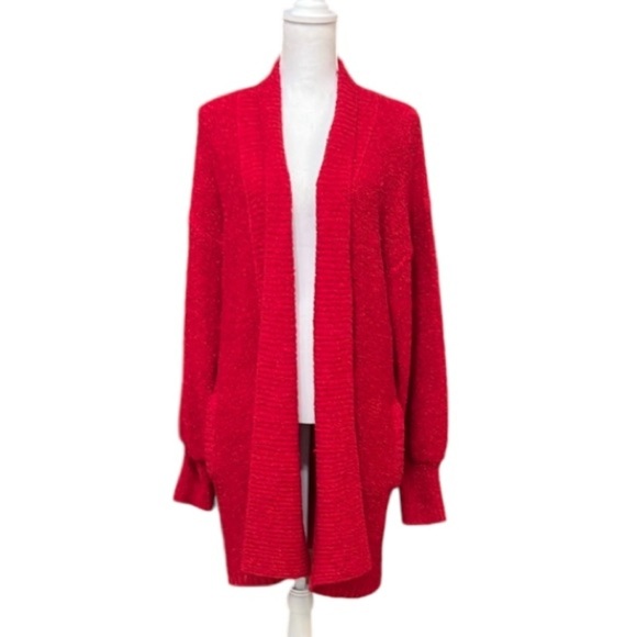 Carolyn Taylor cardigan sweater Duster long line red nubby  boucle knit Large - Picture 1 of 10